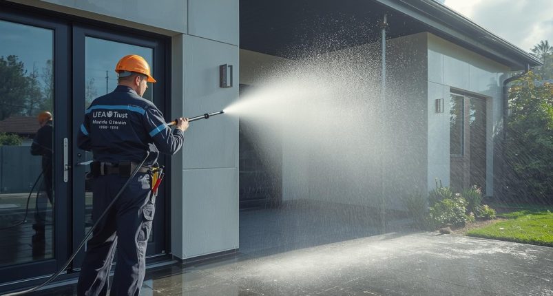 Highly realistic exterior cleaning service scene of a modern house being professionally cleaned. A trained