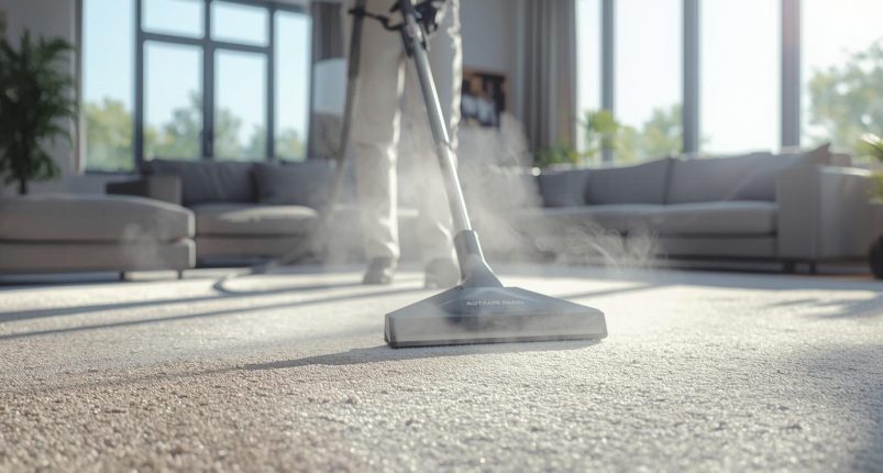 Highly realistic professional carpet cleaning scene inside a modern living room. A trained