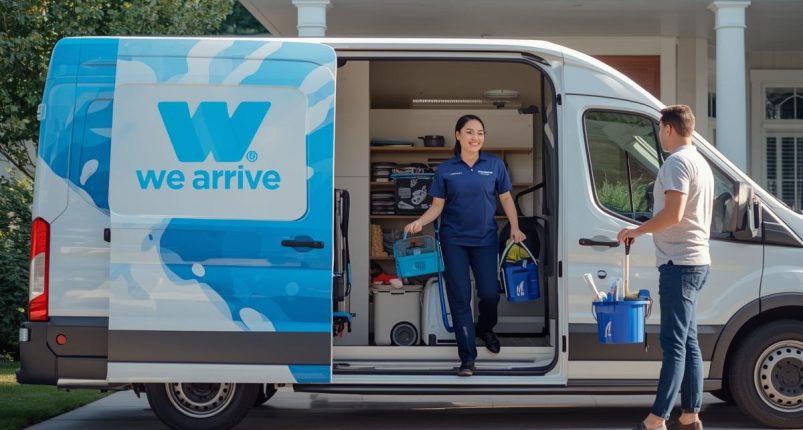 Highly realistic professional cleaning service arrival scene for a websit