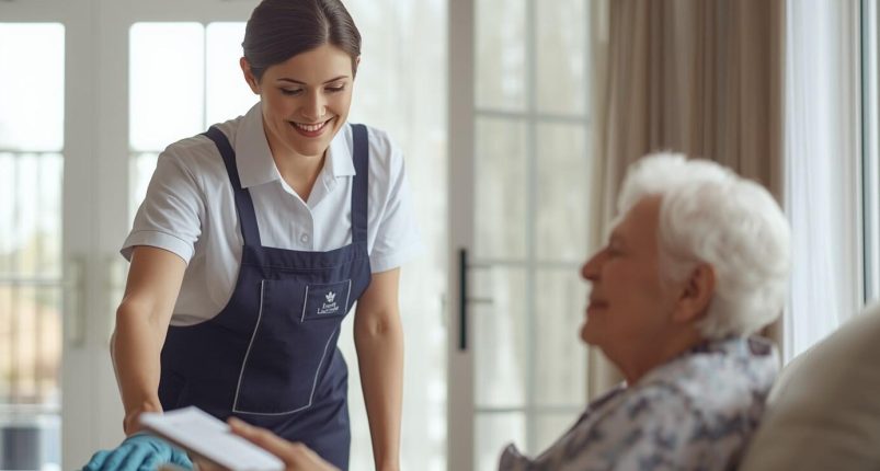 Ultra-realistic professional cleaning scene inside a bright, comfortable home designed for senior
