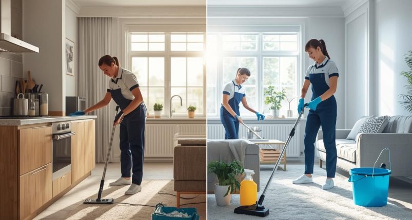 Ultra-realistic professional cleaning service scene inside a modern home, focused on a