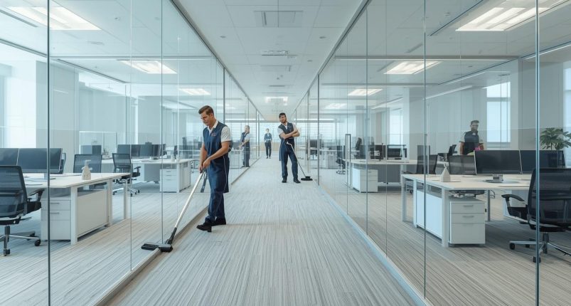 Ultra-realistic wide-angle scene of a professional commercial cleaning service